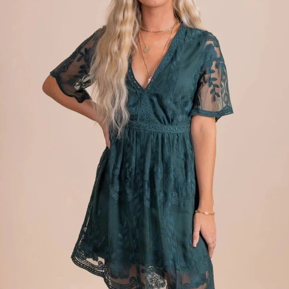 chinese dress ladies Dark Pine Long Puff Sleeve Lace Mini Dress main image 0